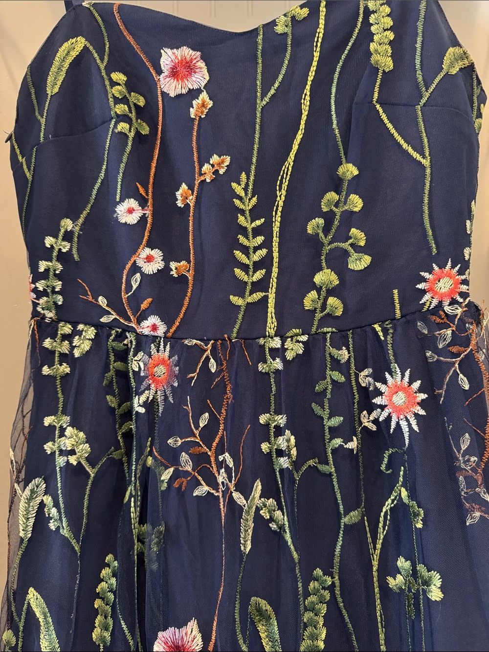 Charming Navy Floral Embroidered Dress - Picture 2 of 3